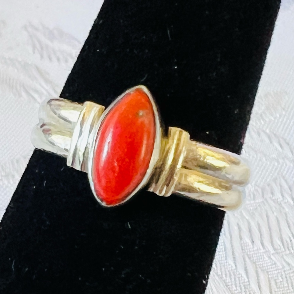 Art Deco Ring W/ Natural Oxblood Coral In Marquise Shape Bezel Set In Silver 925
